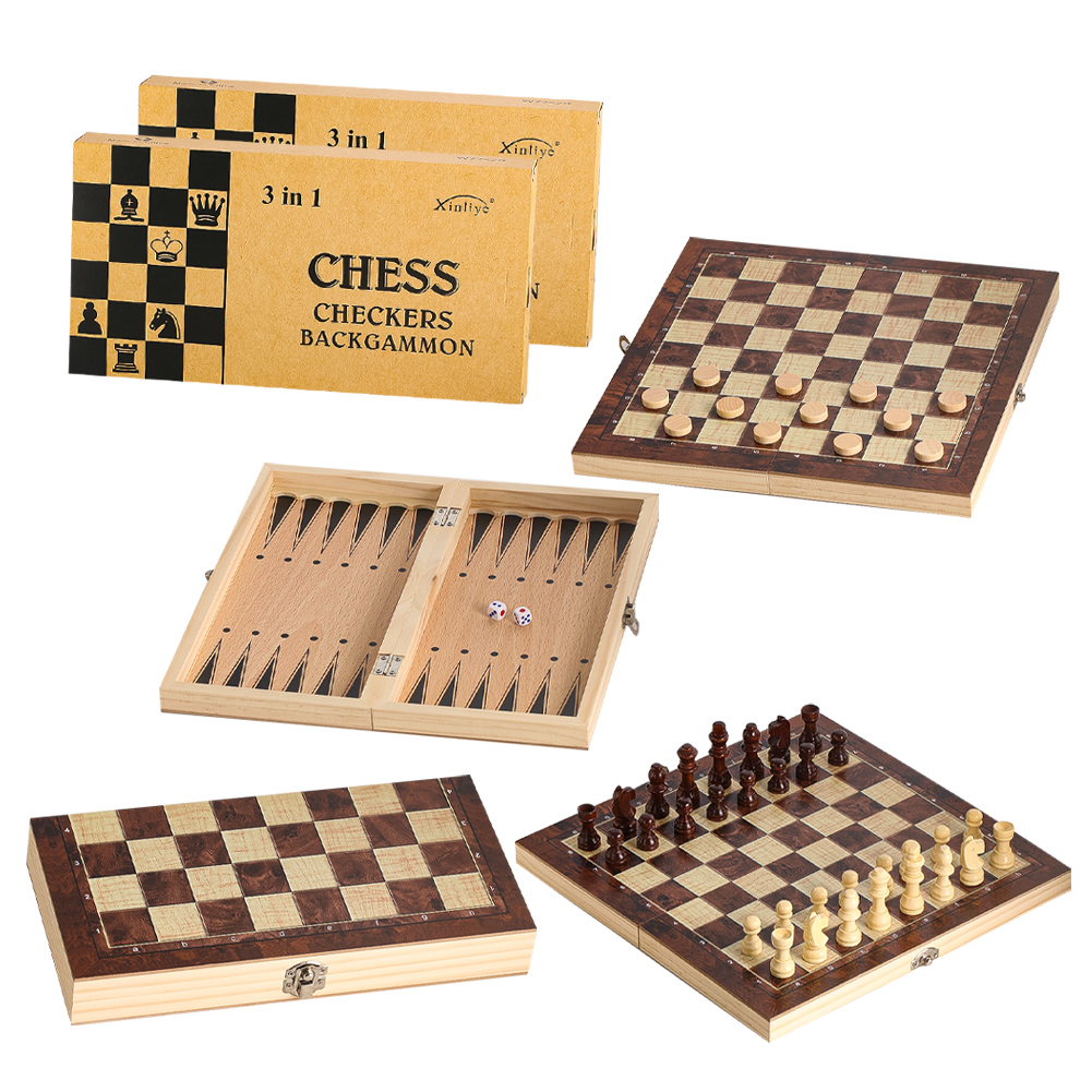 Board Game Harvest - Wooden 3-in-1 Checkers Backgammon and Chess